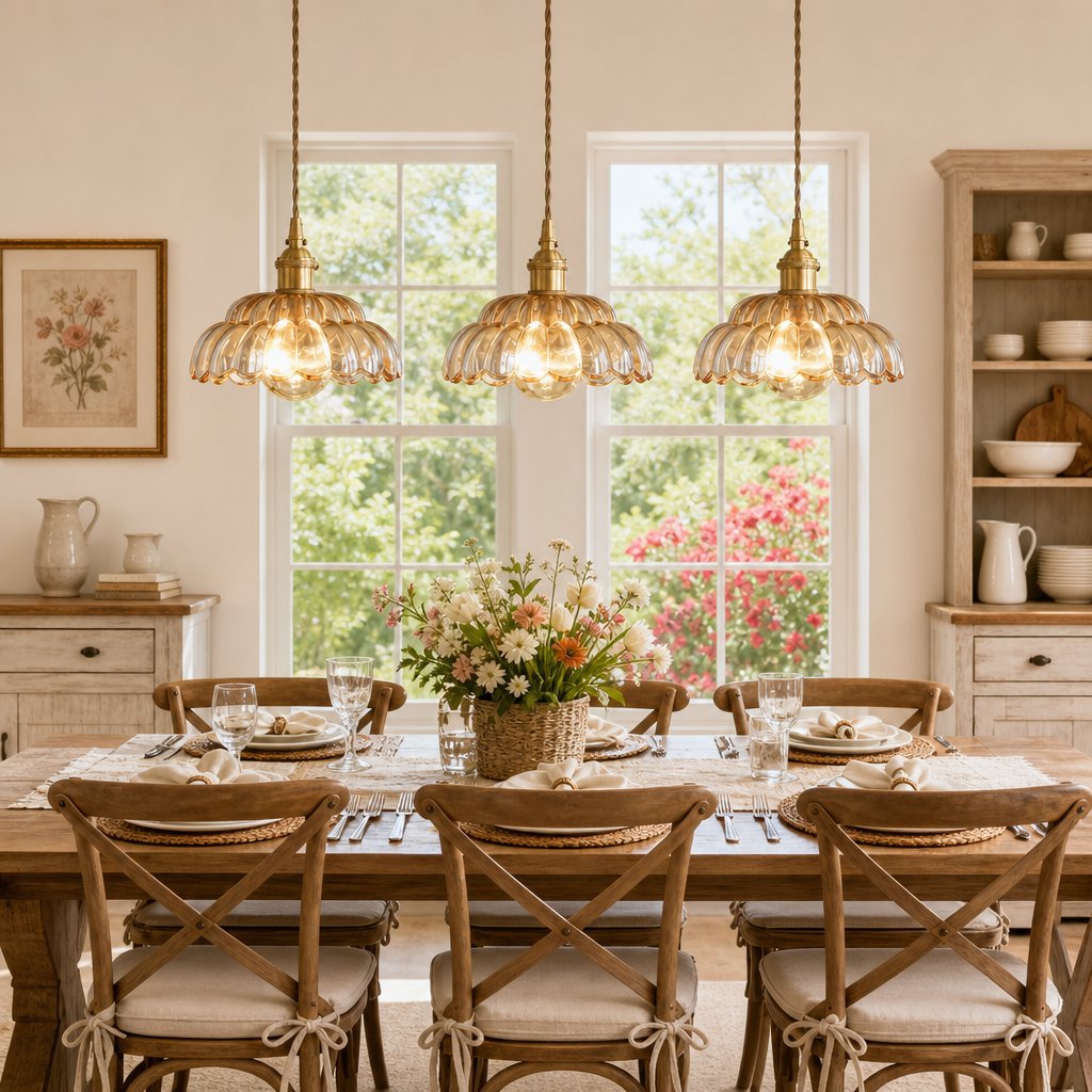 Retro Flower Hanging Light | Amber Glass Floral Pendant Light